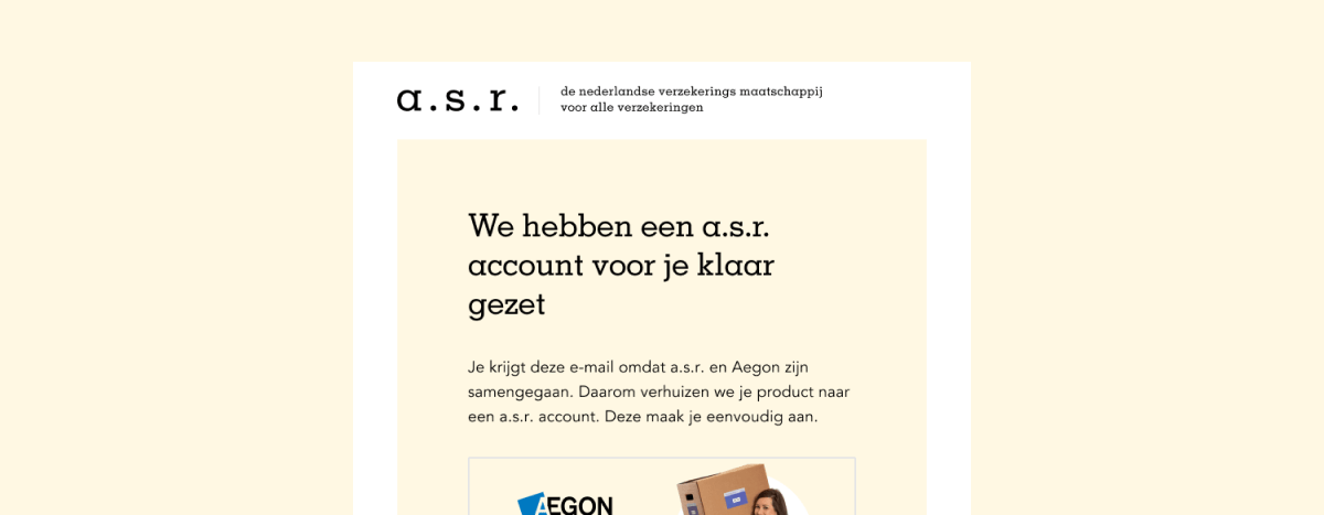 Voorbeeld van de e-mail die je krijgt bij de verhuizing van je product van Aegon naar a.s.r.