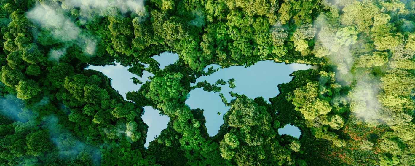 Overzichtsfoto van bossen met daarin water in de vorm van de wereld