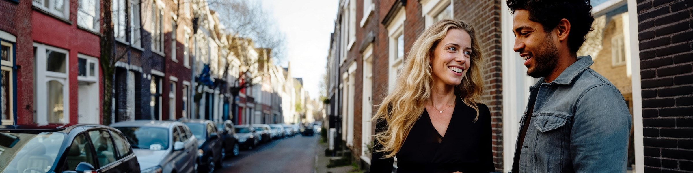 Man en vrouw staan in een straat. De man heeft een sleutel in zijn hand.