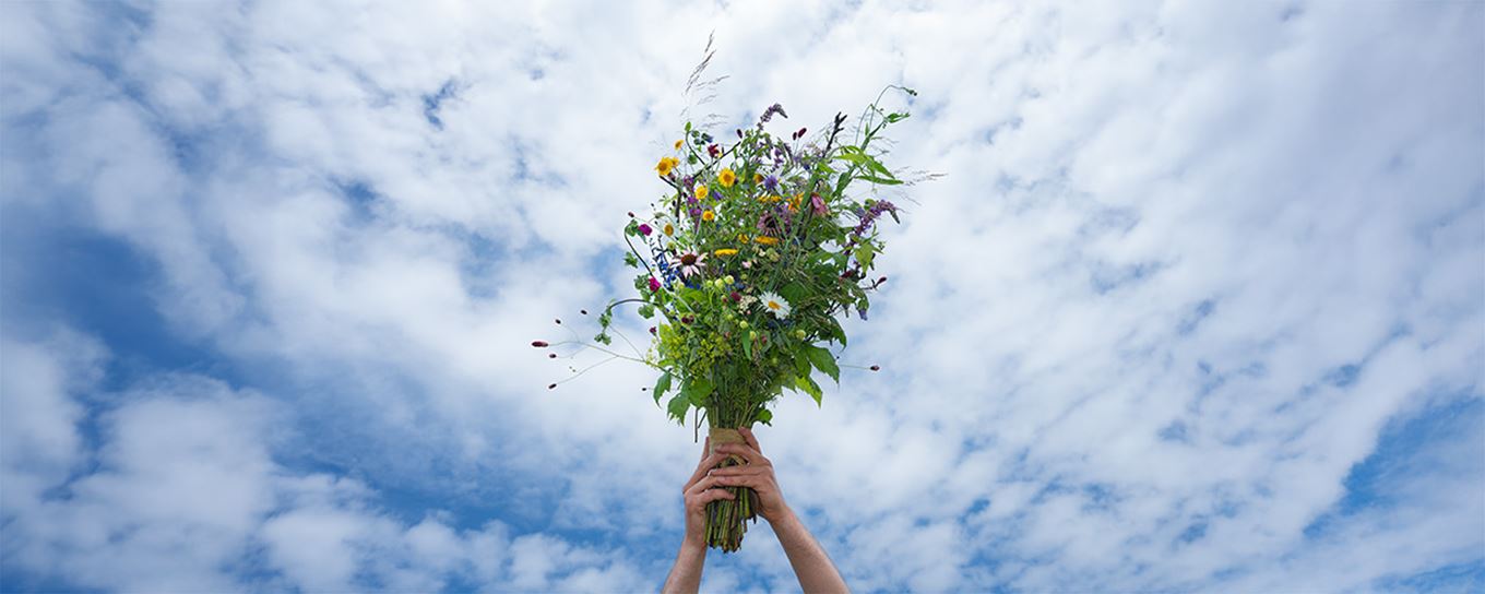 Er wordt met 2 handen een bos wilde bloemen hoog gehouden in de lucht