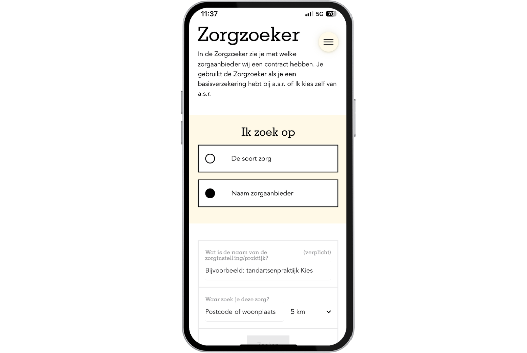 een schermafbeelding van hoe de zorgzoeker van a s r eruit ziet op een smartphone